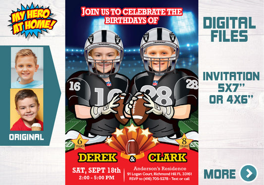 Football Siblings birthday party Invitation with your children as their favorite players, Joint Football 2 kids invitation. 600
