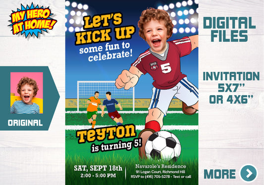 Soccer birthday Invitation with your photo, Soccer photo invitation, Personalized Soccer template. 604