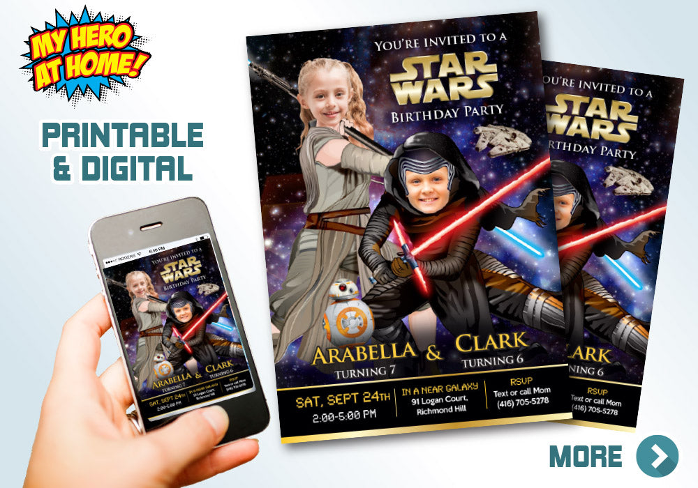 Jedi Rey and Kylo Ren Invitation, Kylo Ren and Jedi Rey Birthday Invitation, Joint Star Wars birthday, Star Wars Siblings theme party. 606
