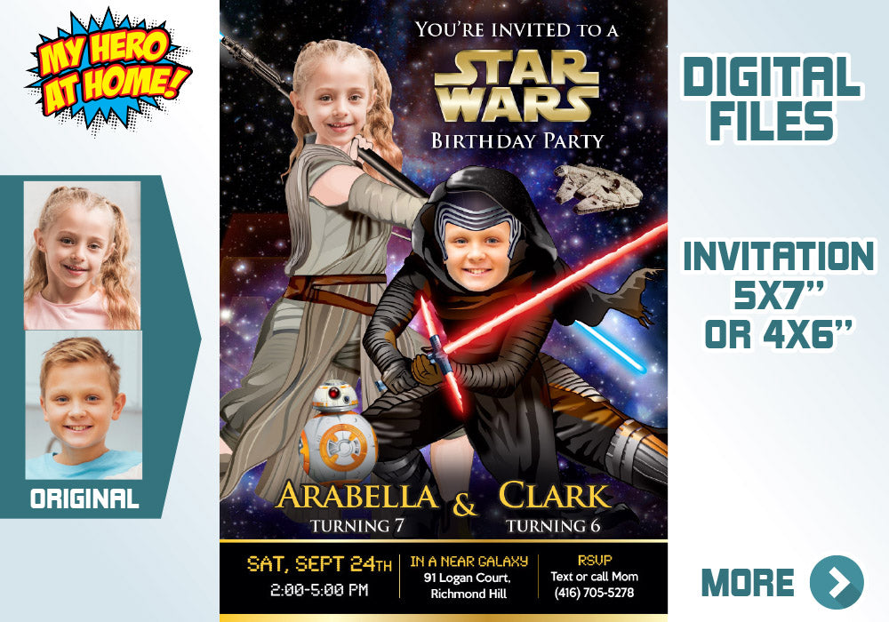 Jedi Rey and Kylo Ren Invitation, Kylo Ren and Jedi Rey Birthday Invitation, Joint Star Wars birthday, Star Wars Siblings theme party. 606