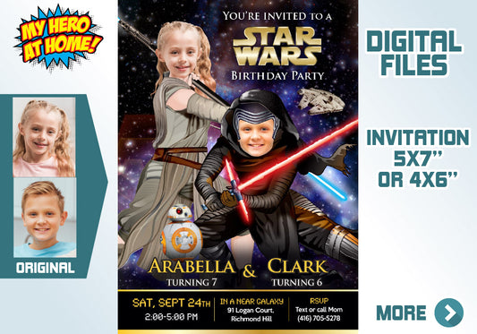 Kylo Ren and Jedi Rey Birthday Invitation with photos, Star Wars Siblings theme party. 606