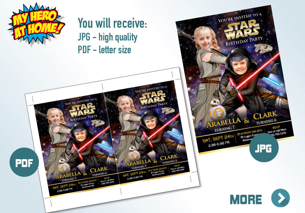 Jedi Rey and Kylo Ren Invitation, Kylo Ren and Jedi Rey Birthday Invitation, Joint Star Wars birthday, Star Wars Siblings theme party. 606