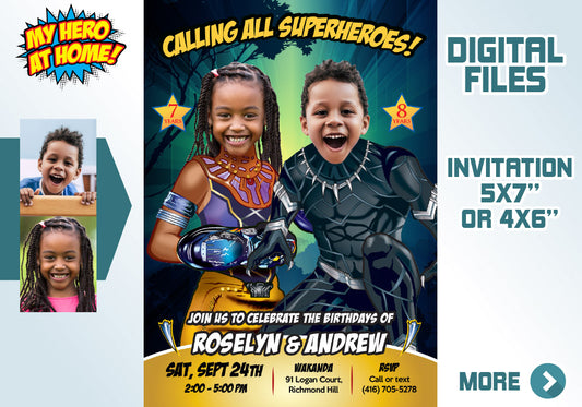 Black Panther and Shuri birthday Invitation with photos, Black Panther Siblings invite. 608