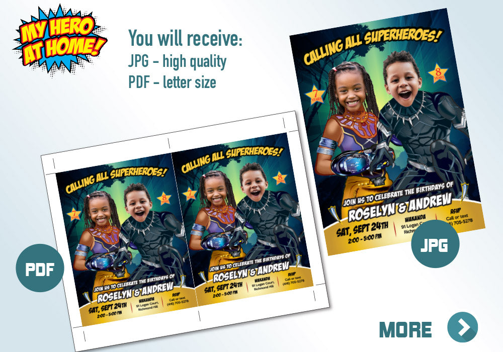 Black Panther and Shuri birthday Invitation with photos, Black Panther Siblings invite. 608