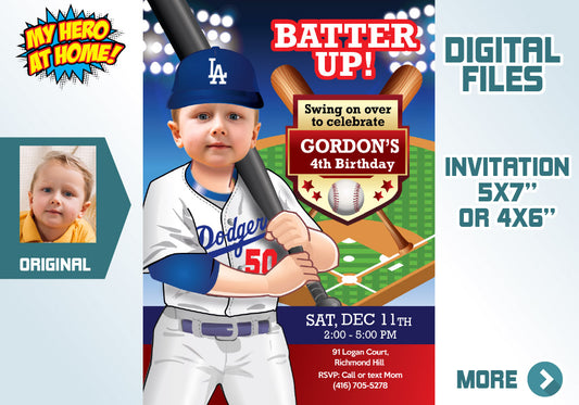 LA Dodgers Birthday party Invitation with photo, Dodgers kids theme party, Dodgers party template. 609C