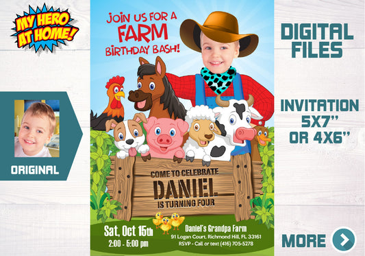 Farmer party Invitation with your photo, Farm Birthday Bash party template. 611