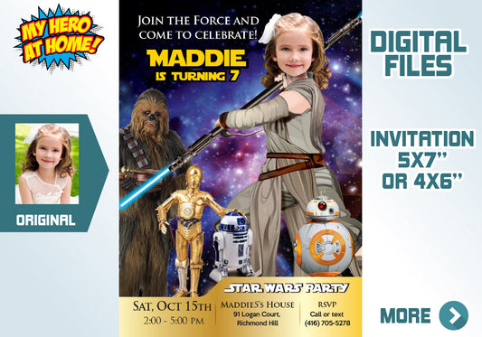 Girl May the Force Party invite with photo, Jedi Rey birthday Invitation with photo, Girl Star Wars party invite. 615