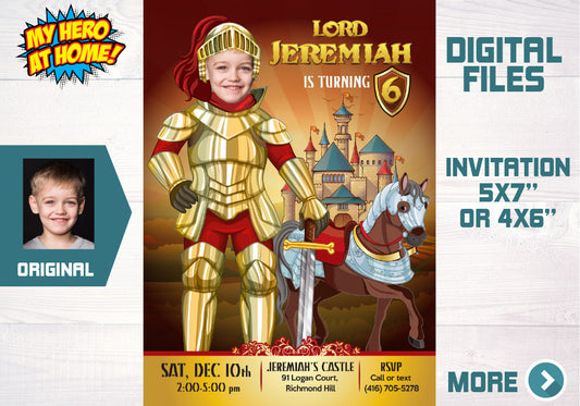 Armor Knight birthday Photo Invitation, Medieval Knights Party Invite. 616