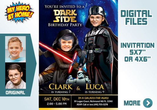 Darth Vader and Kylo Ren Birthday Party Invitation with kids as the starr, Joint dark side party. 617