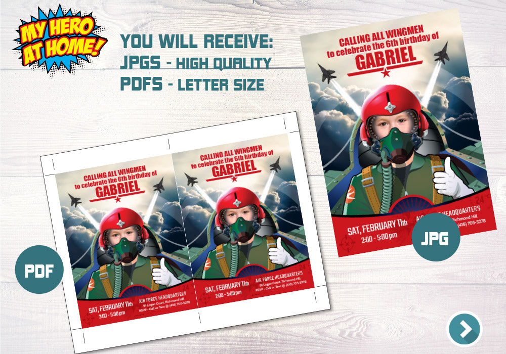 Custom Jet Pilot photo Invitation, Air Force theme party, Fighter Pilot theme party, Jet Pilot thank you, Air Force thank you. 619