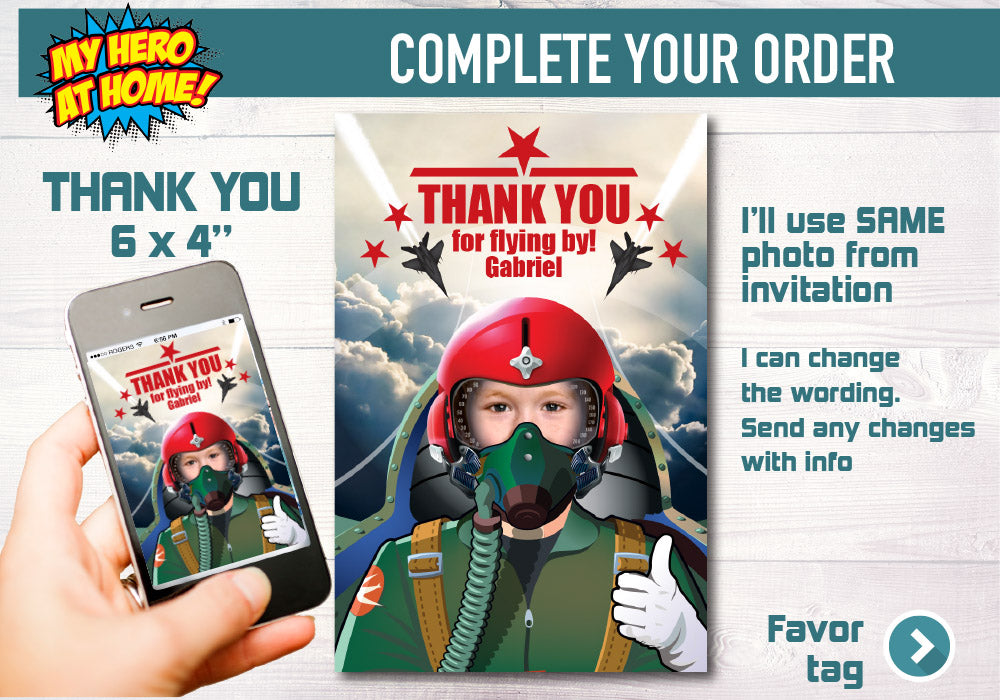 Custom Jet Pilot photo Invitation, Air Force theme party, Fighter Pilot theme party, Jet Pilot thank you, Air Force thank you. 619