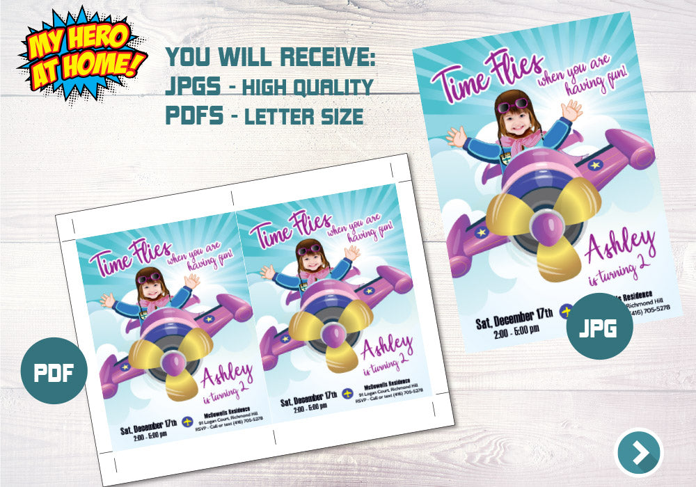 Pink Airplane Invitation with photo, Girl Airplane theme party, Pink Airplane Invitation, Girl Airplane thank you, Airplane party favors. 625C