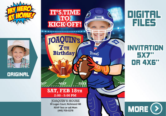 Tennessee Titans birthday Invitation template with your kid as the star, TN Titans kids theme Party, TN Titans digital. 627