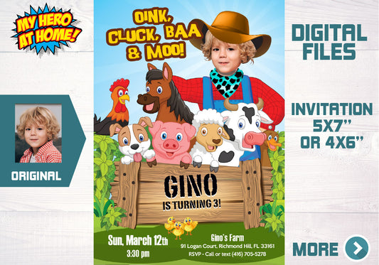 Farm birthday Invitation with your kid as the farmer, Barn Bash party photo invitation. 628