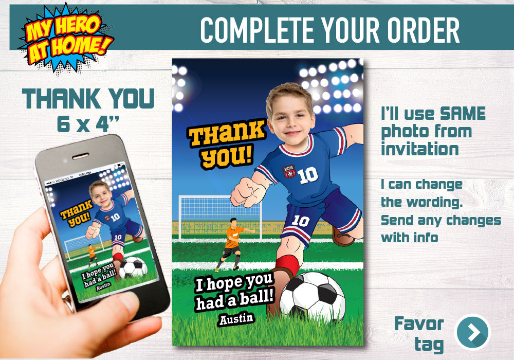 Soccer invitation, Soccer Party Invitation with photo, Soccer birthday themed, Soccer Thank you, Soccer party favor. 629C