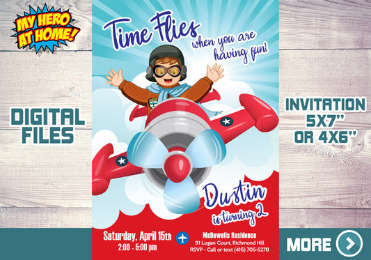 Airplane Party Invitation, Airplane Invitation, Time Flies Party Invitation, Vintage Airplane birthday, Vintage Plane Invitation. 630NF