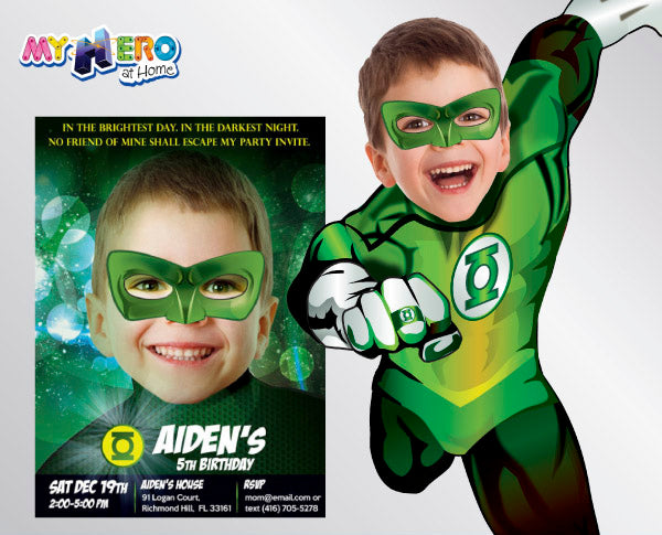 Green Lantern Party Invitations. Green Lantern photo invitations.