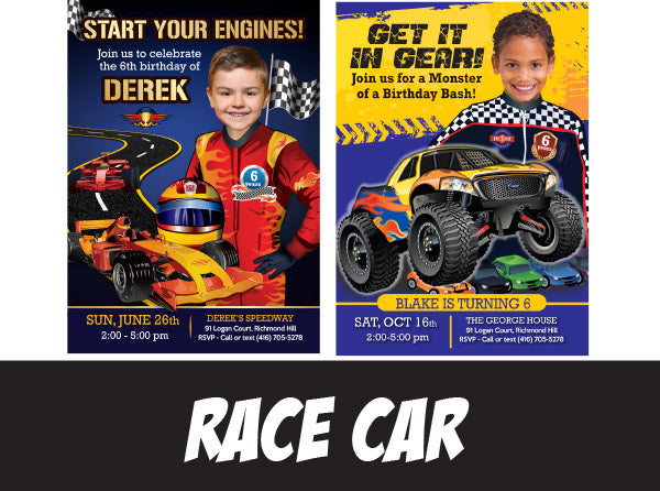 Race Car birthday Invitations, Monster Truck party Invitations