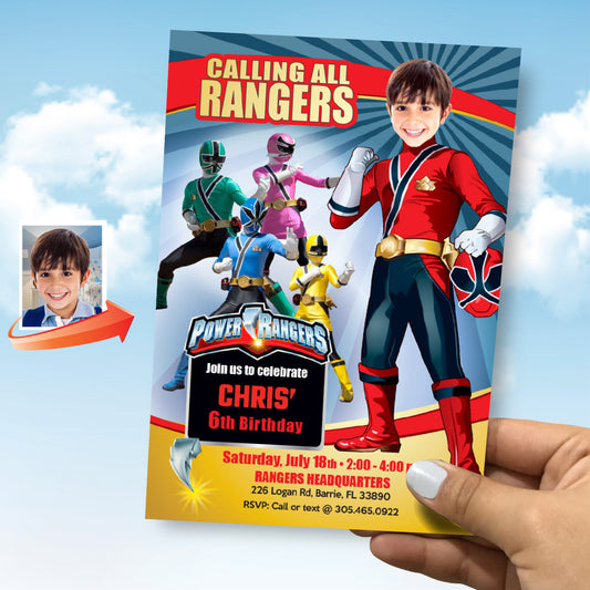 Power Rangers Birthday party Invitation with your child as his the Red Ranger. 001IN
