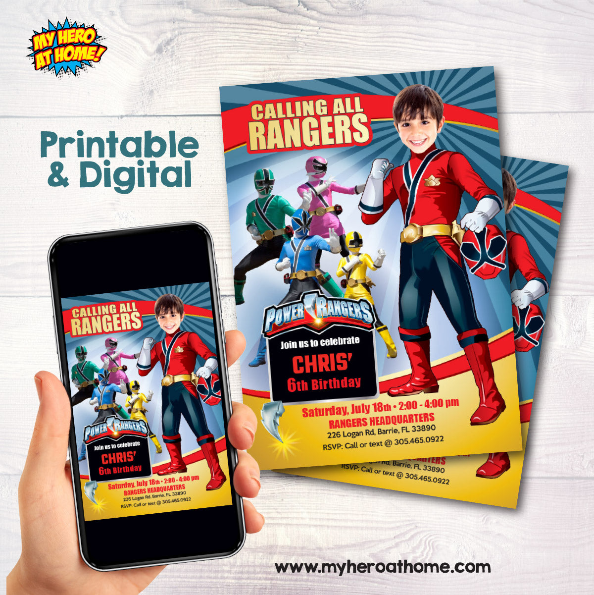 Power Rangers Birthday party Invitation with your child as his the Red Ranger. 001IN