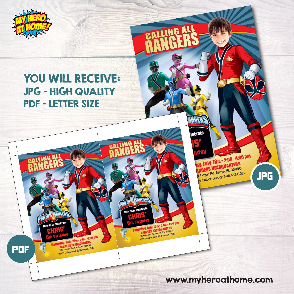 Power Rangers Birthday party Invitation with your child as his the Red Ranger. 001IN