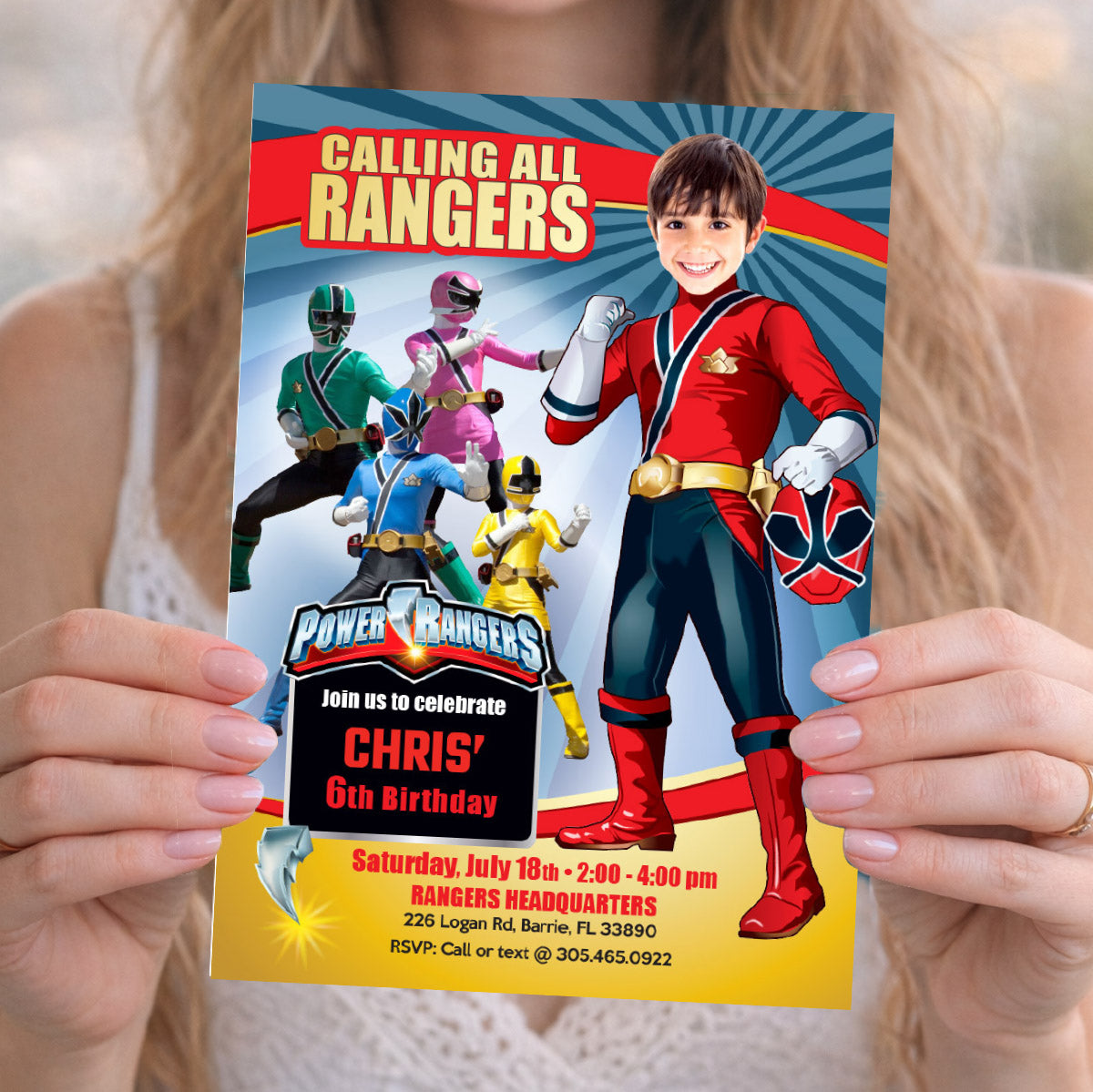 Power Rangers Birthday party Invitation with your child as his the Red Ranger. 001IN
