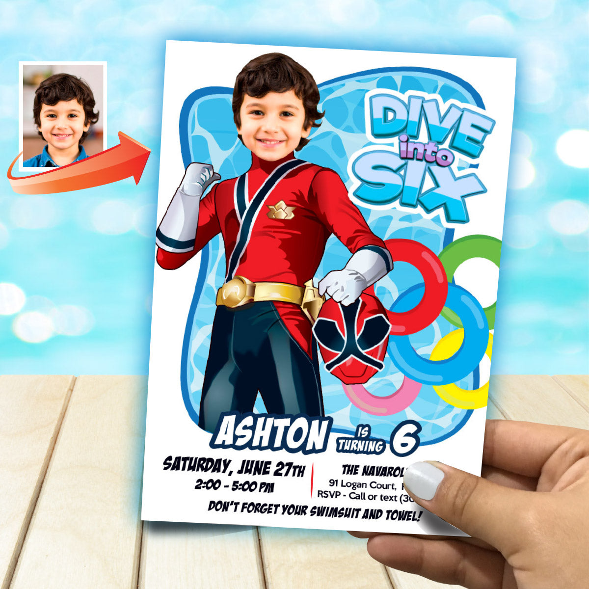 Power Rangers Dive Into Age Pool Party Template with birthday kid as the Red Ranger. 001PIN2