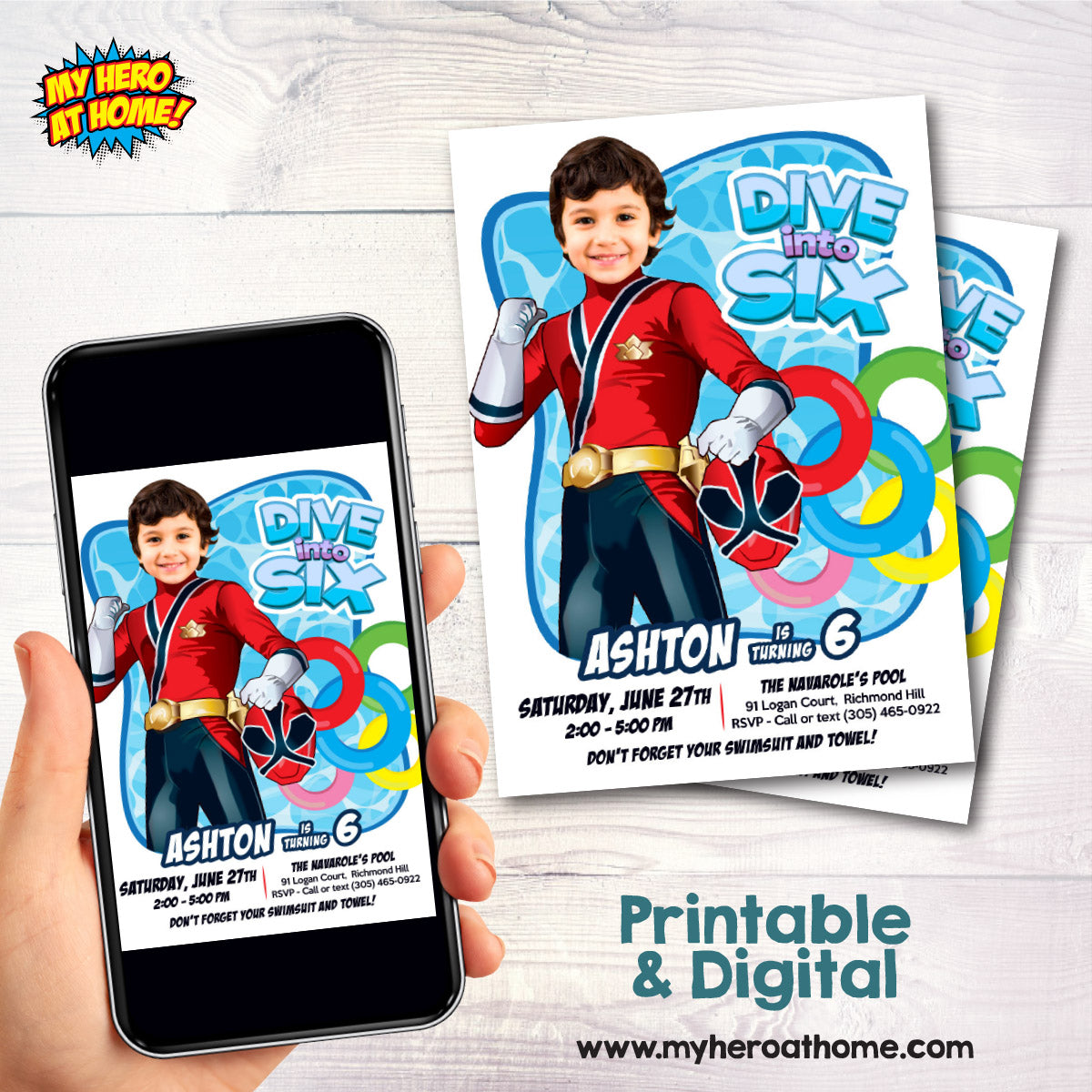 Power Rangers Dive Into Age Pool Party Template with birthday kid as the Red Ranger. 001PIN2
