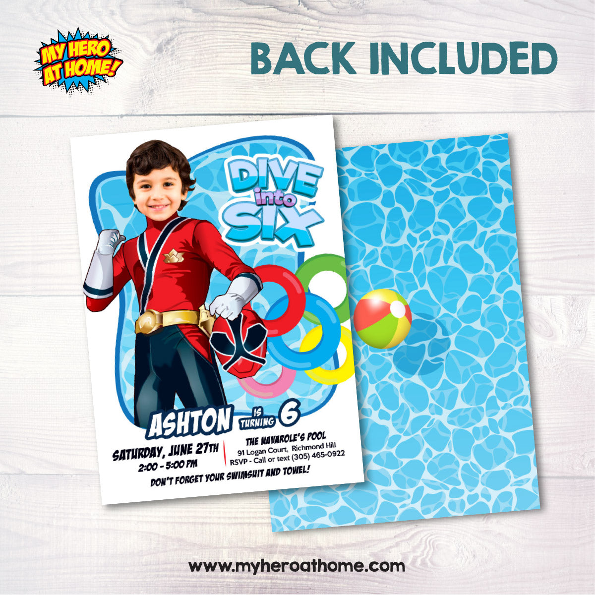 Power Rangers Dive Into Age Pool Party Template with birthday kid as the Red Ranger. 001PIN2