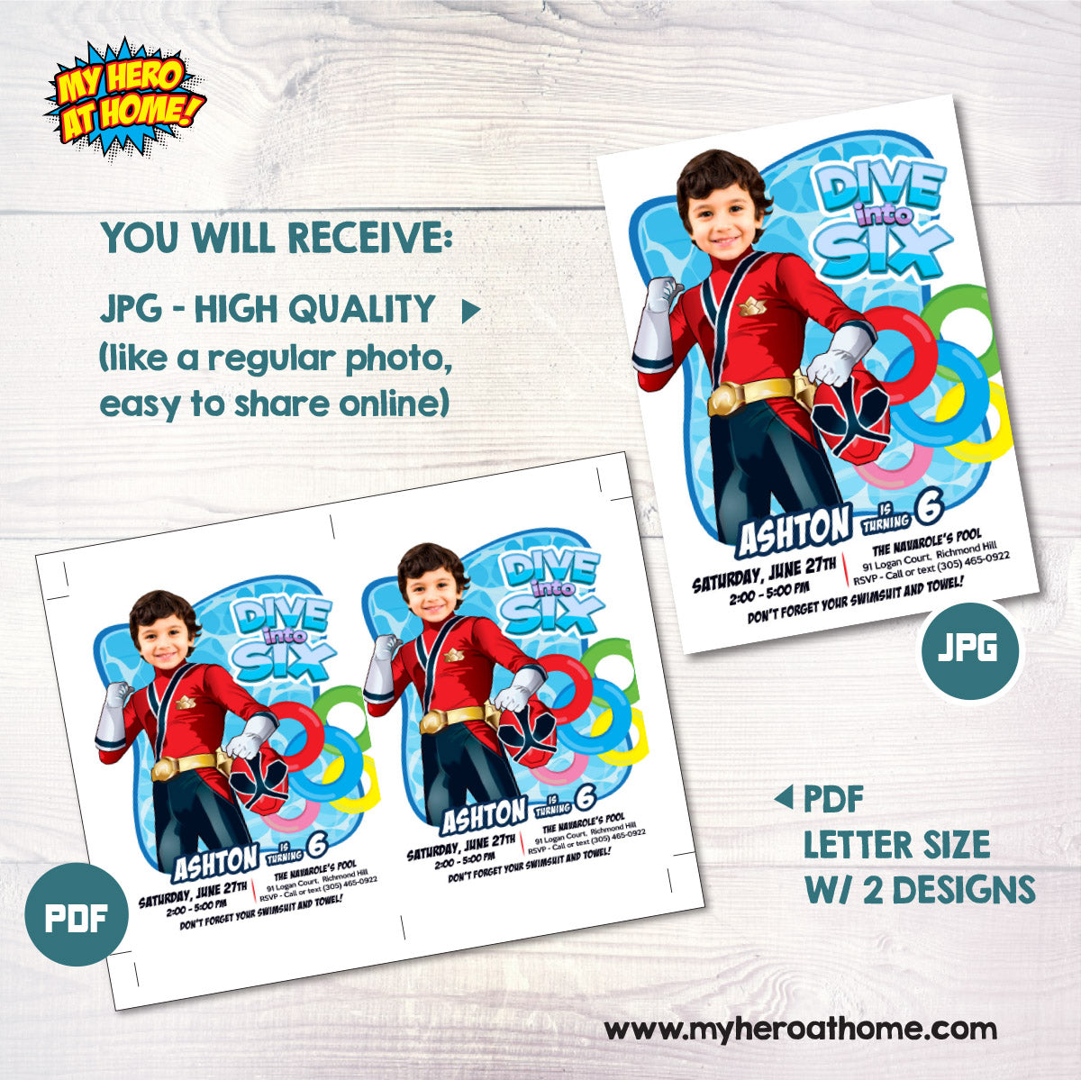 Power Rangers Dive Into Age Pool Party Template with birthday kid as the Red Ranger. 001PIN2