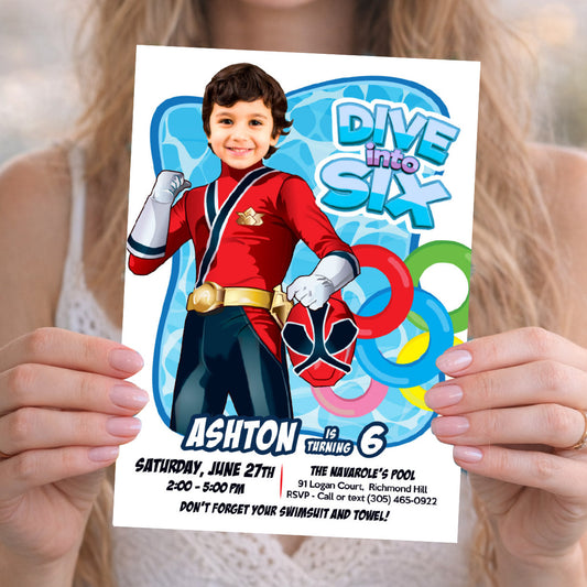 Power Rangers Dive Into Age Pool Party Template with birthday kid as the Red Ranger. 001PIN2