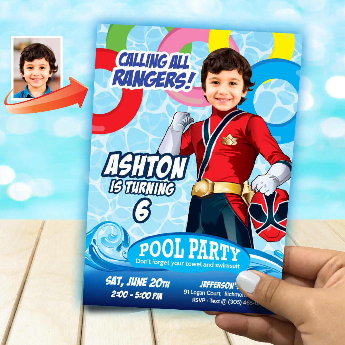 Calling All Rangers Pool Party Invite with Photo, Power Rangers Splash Party. 001PIN3