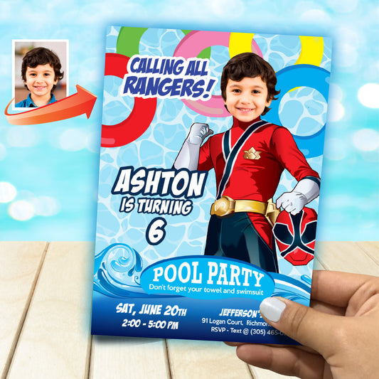 Calling All Rangers Pool Party Invite with Photo, Power Rangers Splash Party. 001PIN3