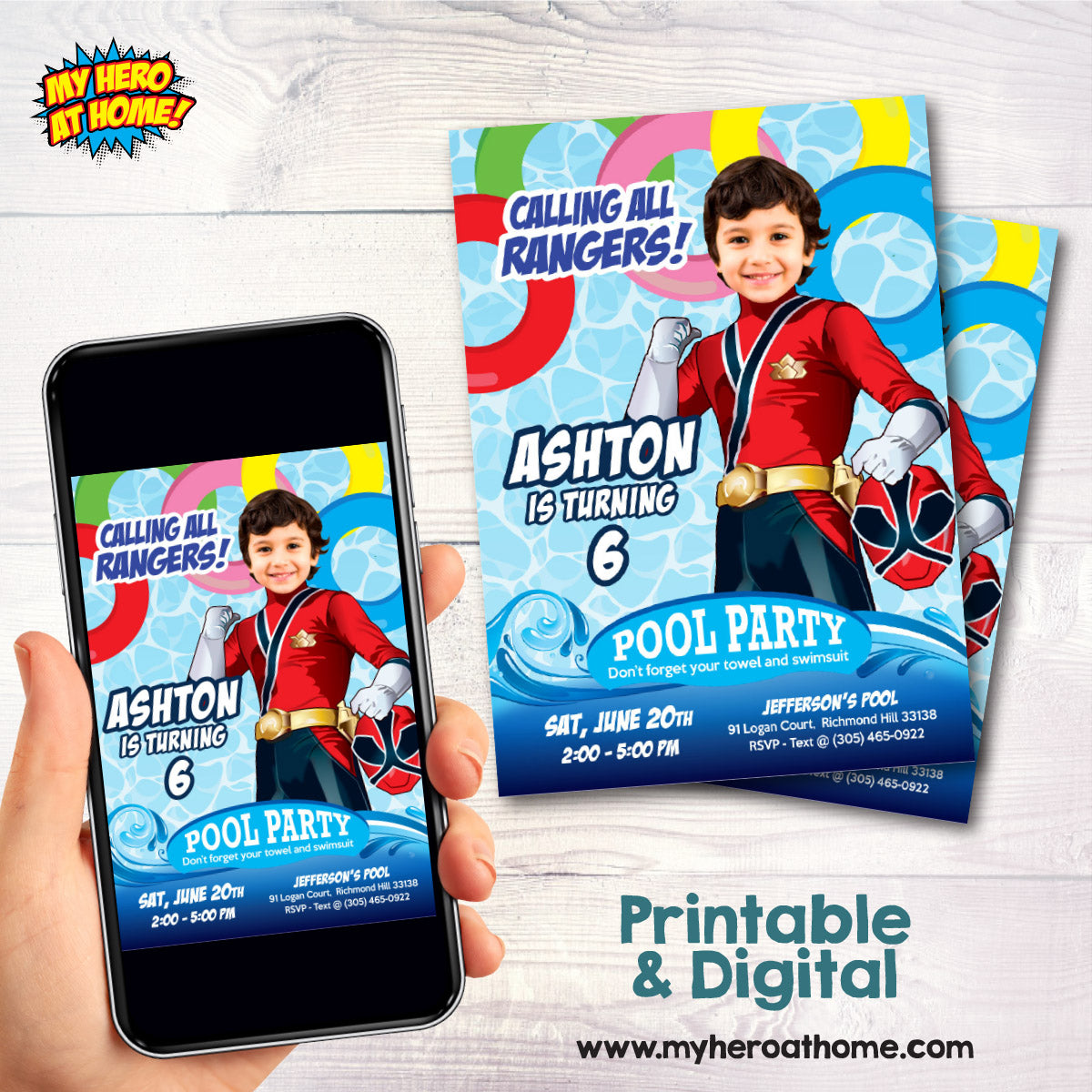 Calling All Rangers Pool Party Invite with Photo, Power Rangers Splash Party. 001PIN3
