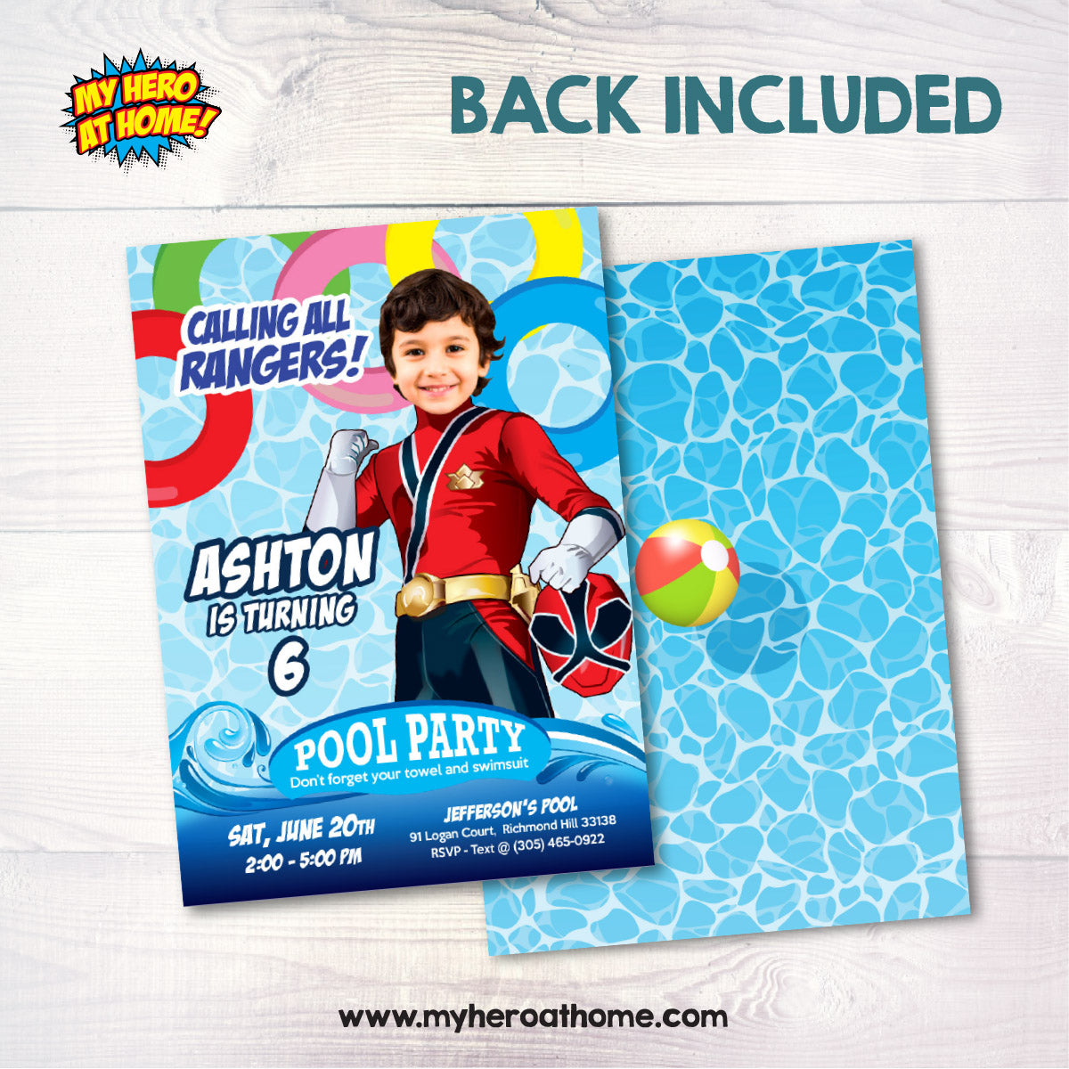 Calling All Rangers Pool Party Invite with Photo, Power Rangers Splash Party. 001PIN3
