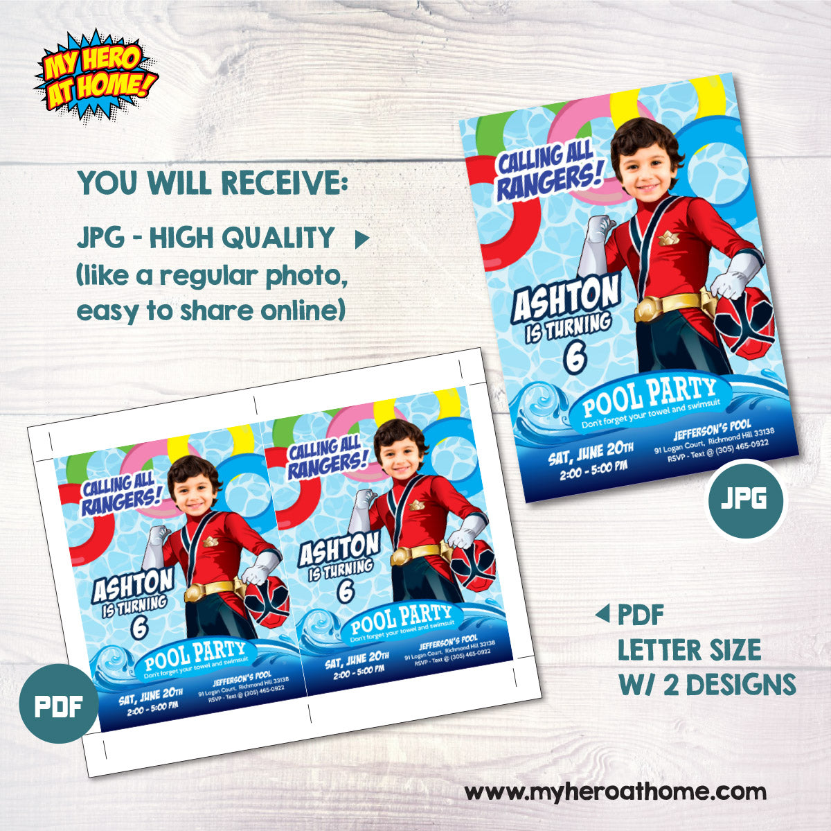 Calling All Rangers Pool Party Invite with Photo, Power Rangers Splash Party. 001PIN3