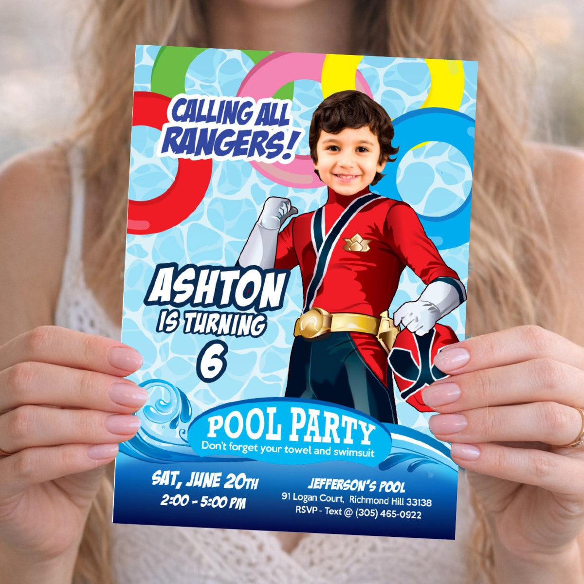 Calling All Rangers Pool Party Invite with Photo, Power Rangers Splash Party. 001PIN3
