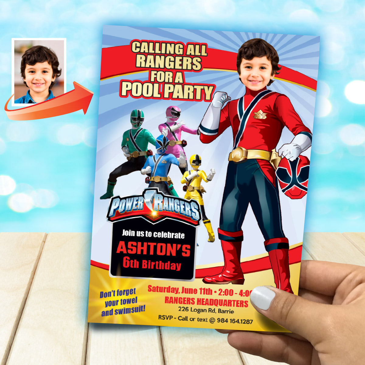 Power Rangers Pool Party Invitation with your kid as the Red Power Ranger. 001P