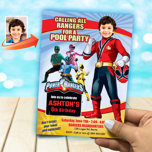 Power Rangers Pool Party Invitation with your kid as the Red Power Ranger. 001P