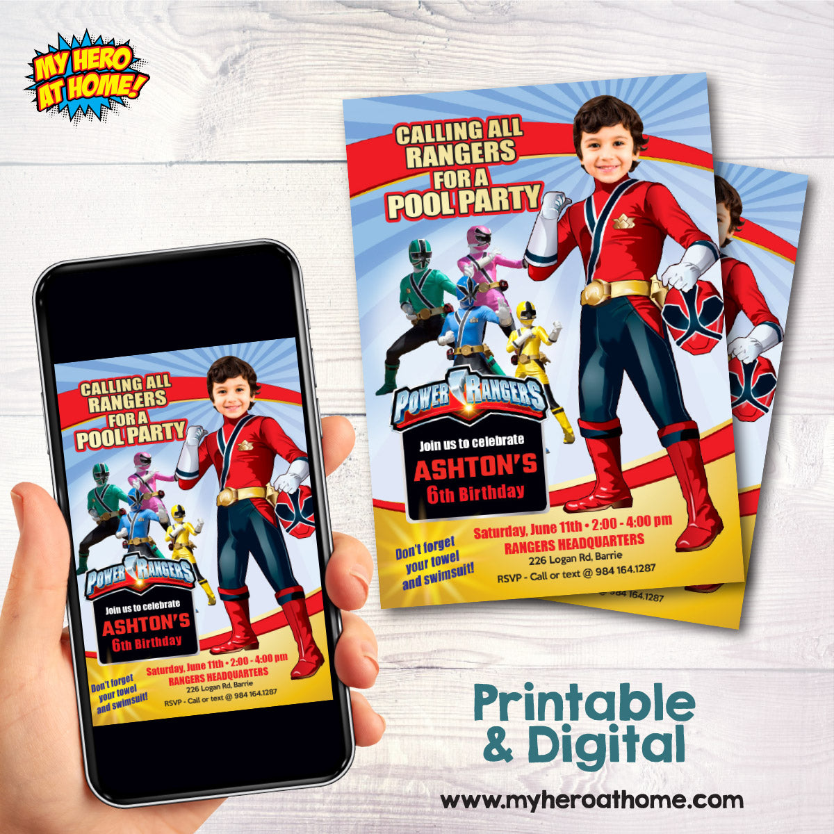 Power Rangers Pool Party Invitation with your kid as the Red Power Ranger. 001P