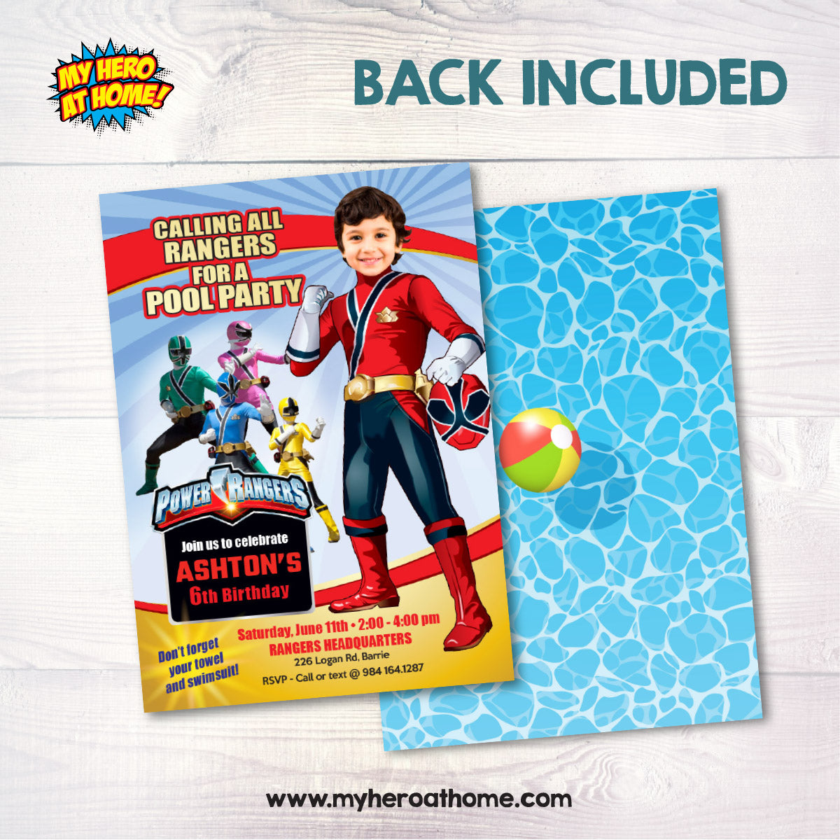 Power Rangers Pool Party Invitation with your kid as the Red Power Ranger. 001P