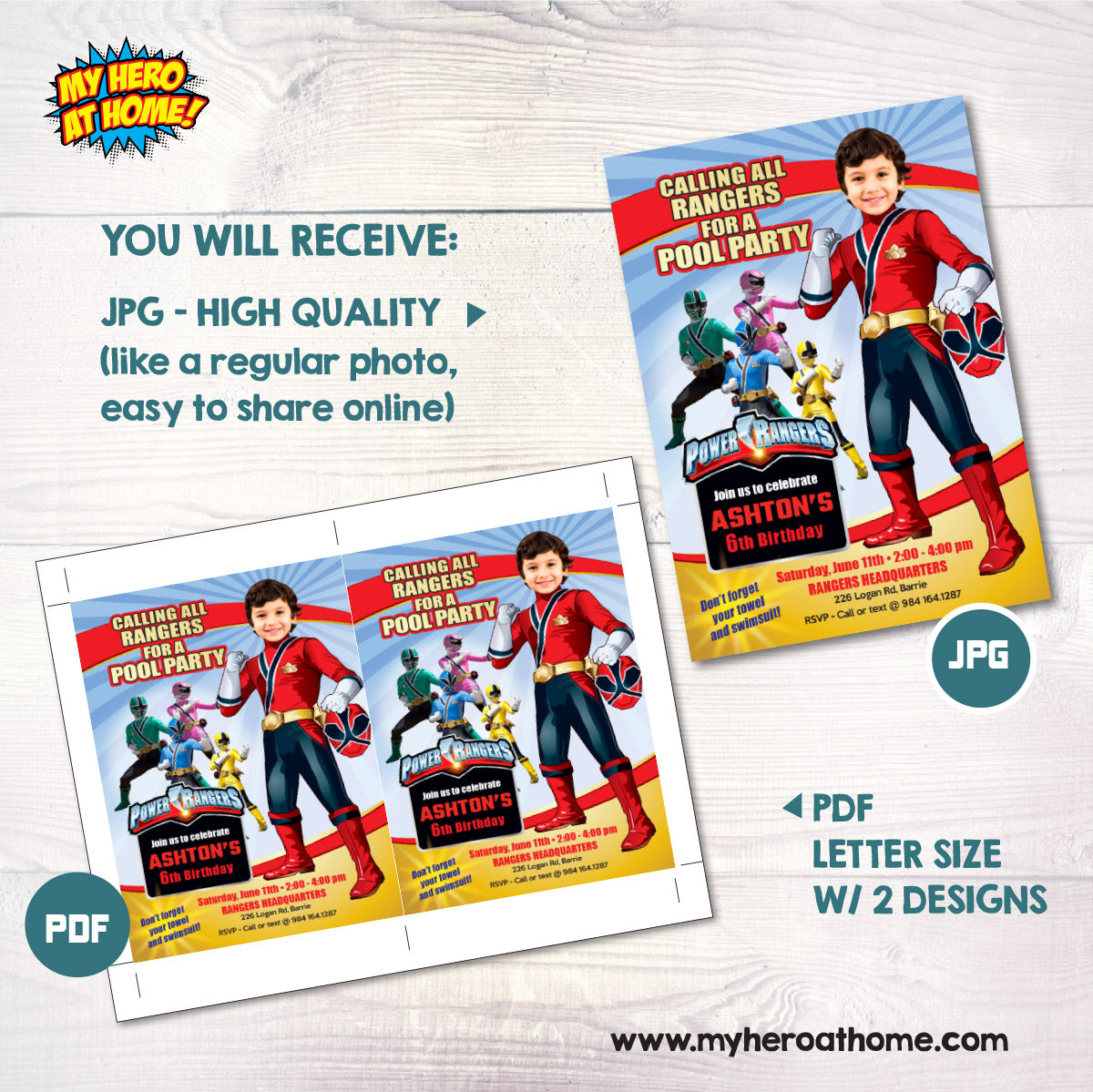 Power Rangers Pool Party Invitation with your kid as the Red Power Ranger. 001P