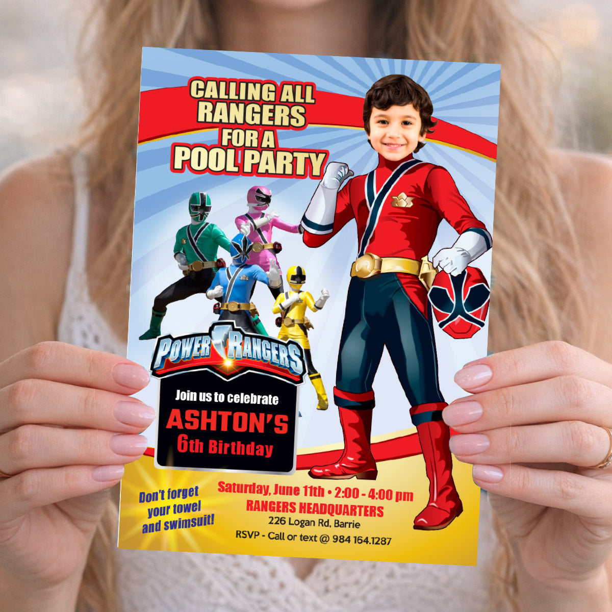 Power Rangers Pool Party Invitation with your kid as the Red Power Ranger. 001P
