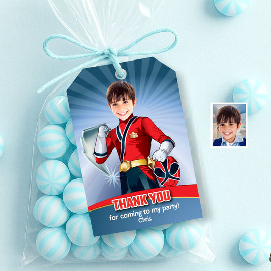 Power Rangers Party Favor Tags with photo, Red Ranger Photo Thank You. 001TY