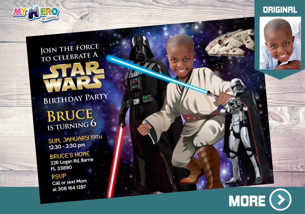 Personalized Star Wars Birthday Party Invitation featuring birthday kid as the Jedi. 005A