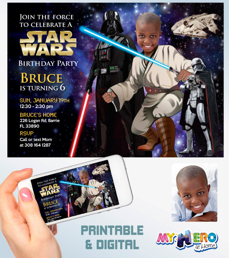 Personalized Star Wars Birthday Party Invitation featuring birthday kid as the Jedi. 005A