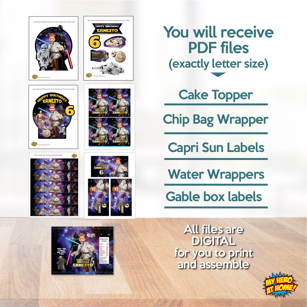 Bundle Jedi Party table with photo, Cake, snacks labels, chip bags, Gable box. 005B1