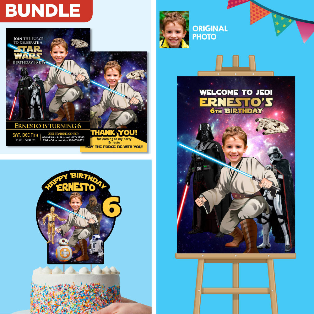 Custom Jedi Theme Party Bundle with Photo, Invitation, Thank you, Cake Topper, Welcome. 005B2