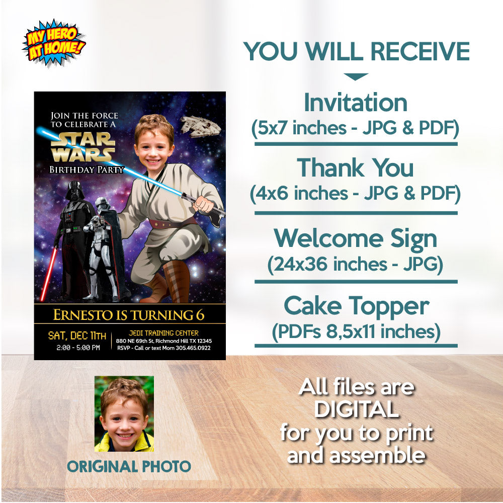 Custom Jedi Theme Party Bundle with Photo, Invitation, Thank you, Cake Topper, Welcome. 005B2