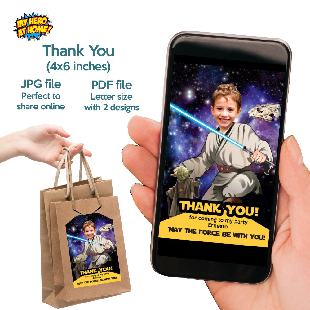 Custom Jedi Theme Party Bundle with Photo, Invitation, Thank you, Cake Topper, Welcome. 005B2